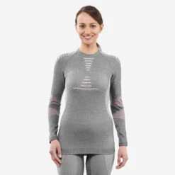 WEDZE Sous-vêtement Thermique De Ski Femme 900 Laine Mérinos Seamless Haut - Gris/rose