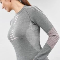 WEDZE Sous-vêtement Thermique De Ski Femme 900 Laine Mérinos Seamless Haut - Gris/rose -Horizon Glacial sous vetement thermique de ski femme 900 laine merinos seamless haut grisrose 4